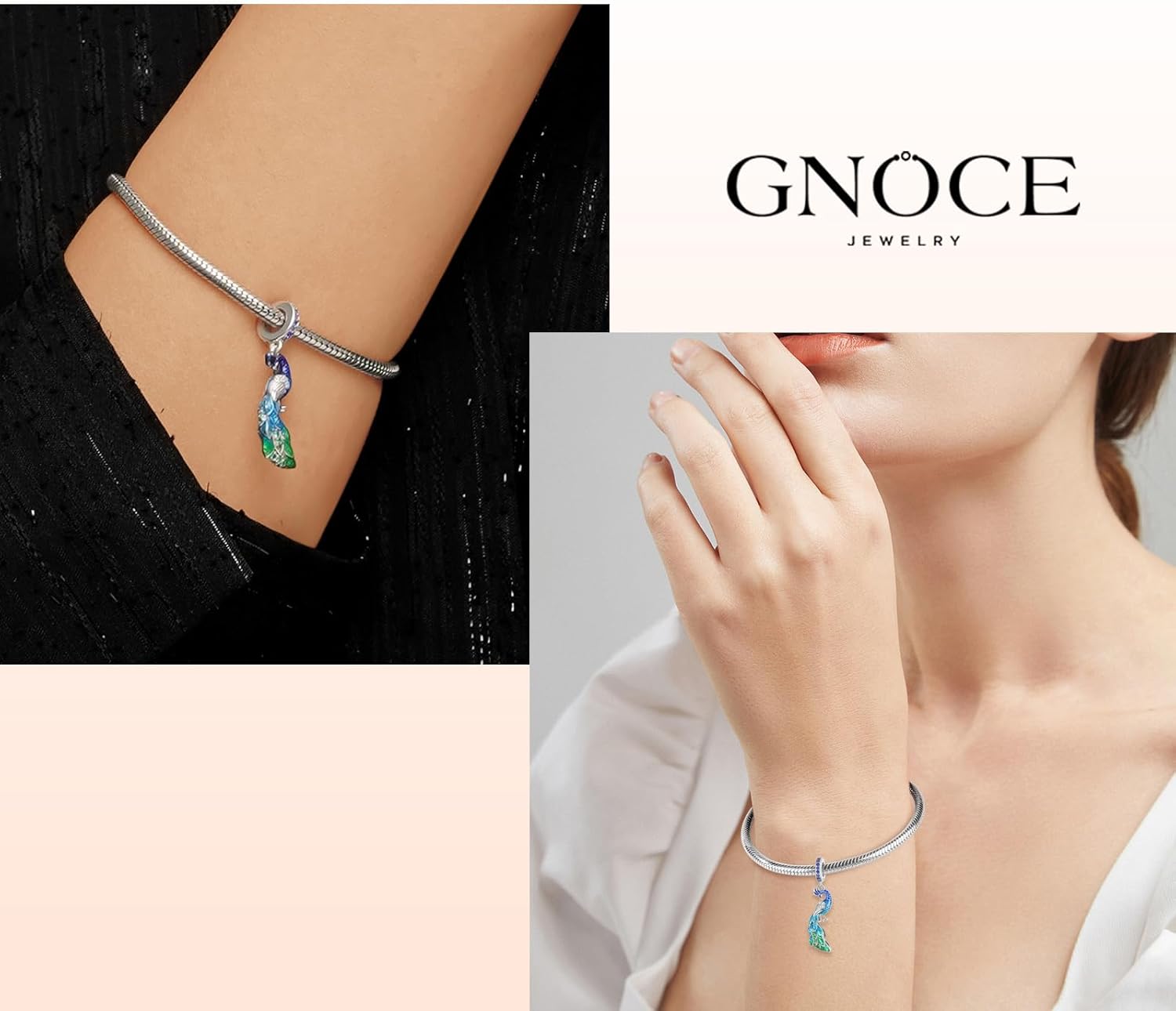 GNOCE Peacock Pendant Dangle Charm for Women,14K White Gold Plated S925 Sterling Silver BraceletNecklcae Charm for Her, Valentine Mother's Day Jewelry Gift