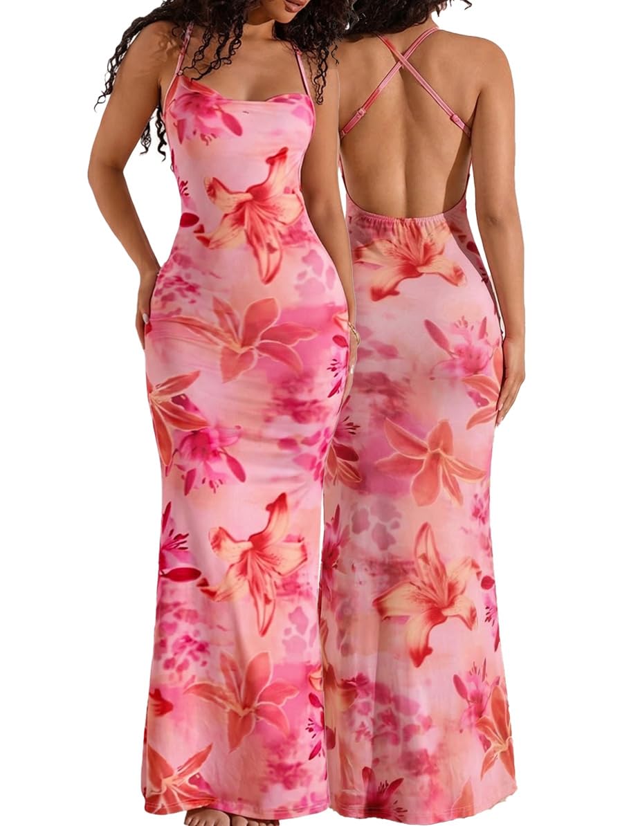 Women Floral Maxi Dress Spaghetti Strap Backless Bodycon Dress