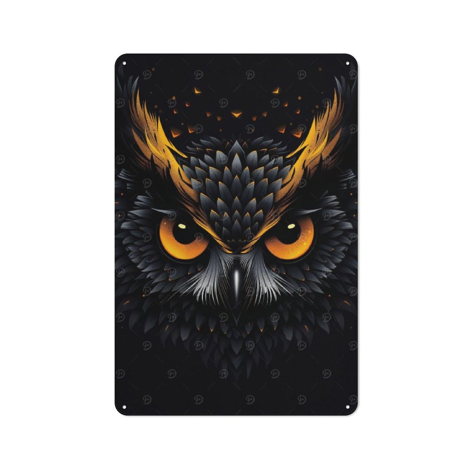 Junmoney Fierce Owl Vector Portrait With Fiery Orange Eyes Rustic Metal Wall Sign 30X20cm For Kitchen Or Home Bar, For Garage, Workshop And Man Cave Decoration