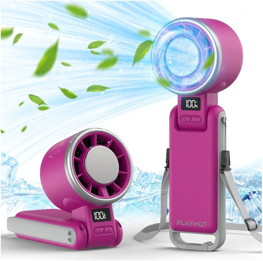 PlayHot Portable Handheld Turbo Fan with Ice Cooling, Rechargeable Personal Fan, Up tp 12Hrs Cooling, 5 Speed 25550RPM Powerful Portable Fan for Travel, Outdoor, Camping, Hiking (Magenta)