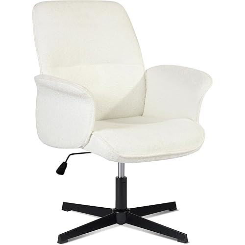 Home Office Chair, Upholstered Linen Fabric Padded Mid Back Accent Chair, Computer Desk Chairs Ergonomic No Wheels Stylish Swivel Adjustable Vanity Chair with Armrests, Beige