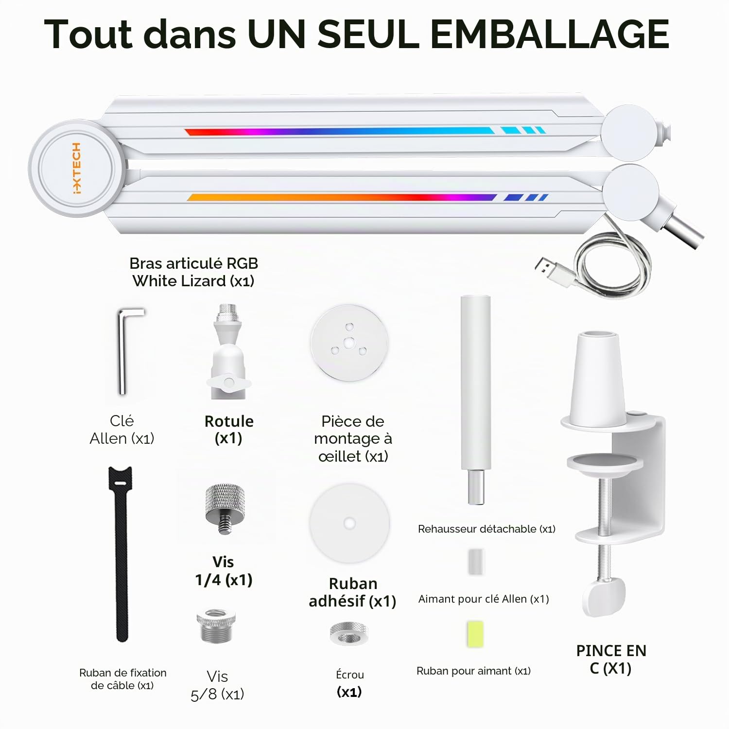 IXTECH Bras de microphone RGB à profil élevé, support de microphone à bras de perche aérienne réglable avec montage sur bureau, support de microphone réglable avec montage sur bureau, bras de