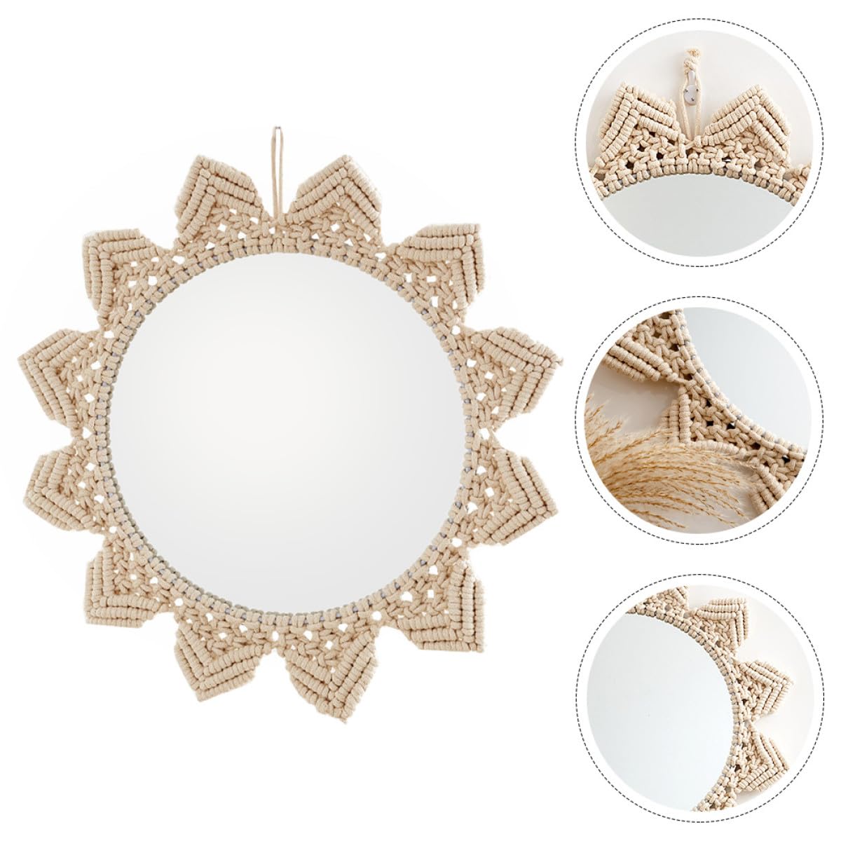 Luxshiny Runder Hängespiegel aus Baumwollseil mit Boho Stil Wanddekoration für Schlafzimmer und Hotel Kreativer Makramee Spiegel zur Wandverschönerung