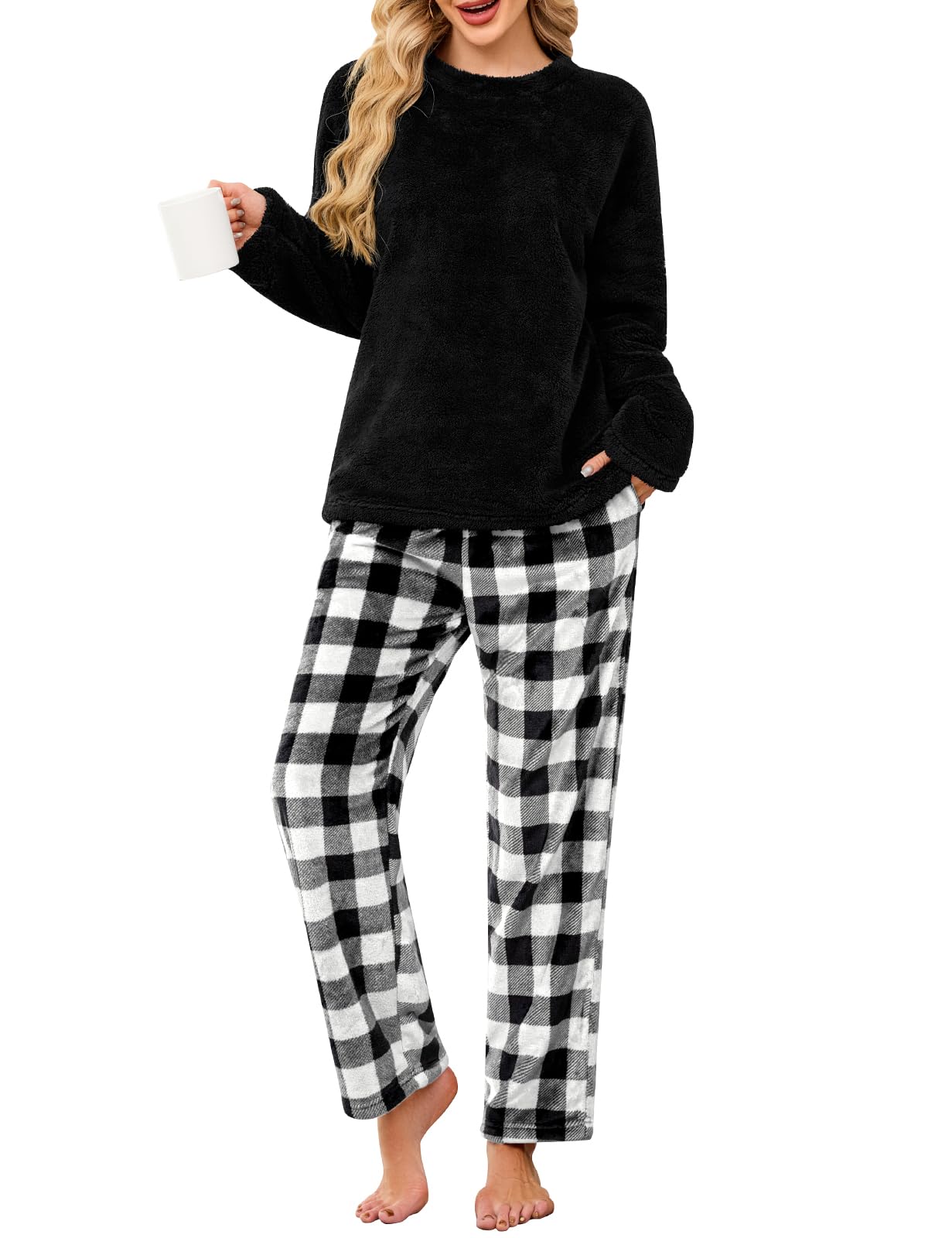 UMIPUBO Pigiama Donna Invernale Pile Due Pezzi Caldo Pigiami da Casa Felpato Set con Tasche Elegante Manica Lunga e Pantalone Lungo Indumenti da Notte Loungewear Natale Regalo Regali