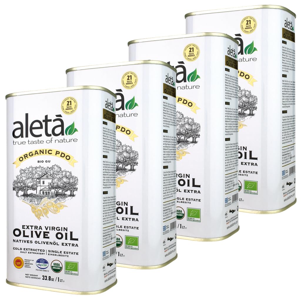 Aleta Farms Olive Oil Extra Virgin, USDA Organic, Single Estate PDO Polyphenol Rich Olive Oil, Cold Pressed, Global Gold Awards, Kosher, 33.8 Fl oz, (1 Ltr) Pack of 4