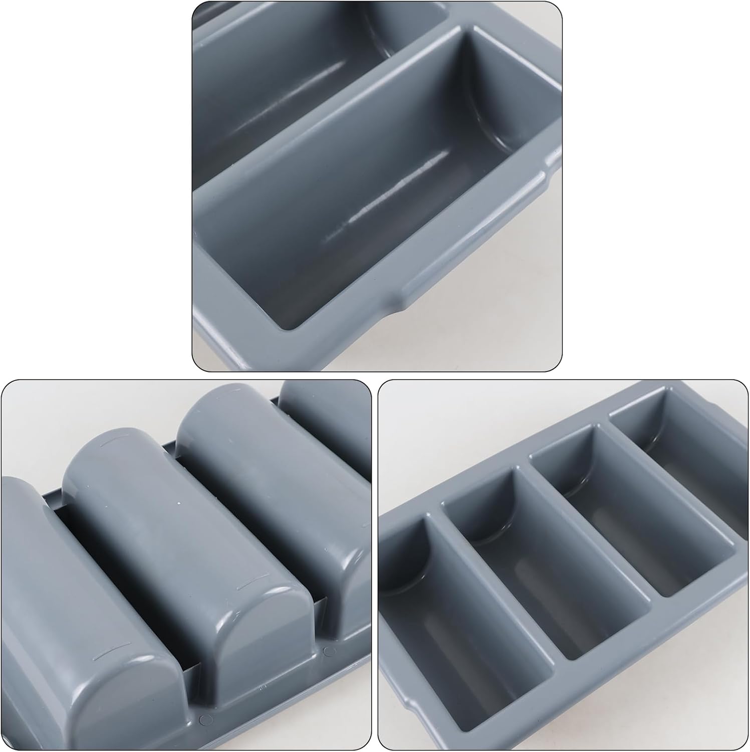 Set of 4 Heavy-Duty Cutlery Bins – 4-Compartment Commercial Silverware Tray (10" Internal Length) – Nestable, Washable, Gray (21.3" x 12.8")