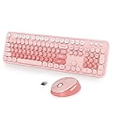 Pink Retro Typewriter Keyboard and Mouse Wireless, 2.4GHz Office Full-Sized Colorful Computer Keyboard with Number Pad and Cute Mouse for Windows PC Desktops Laptop