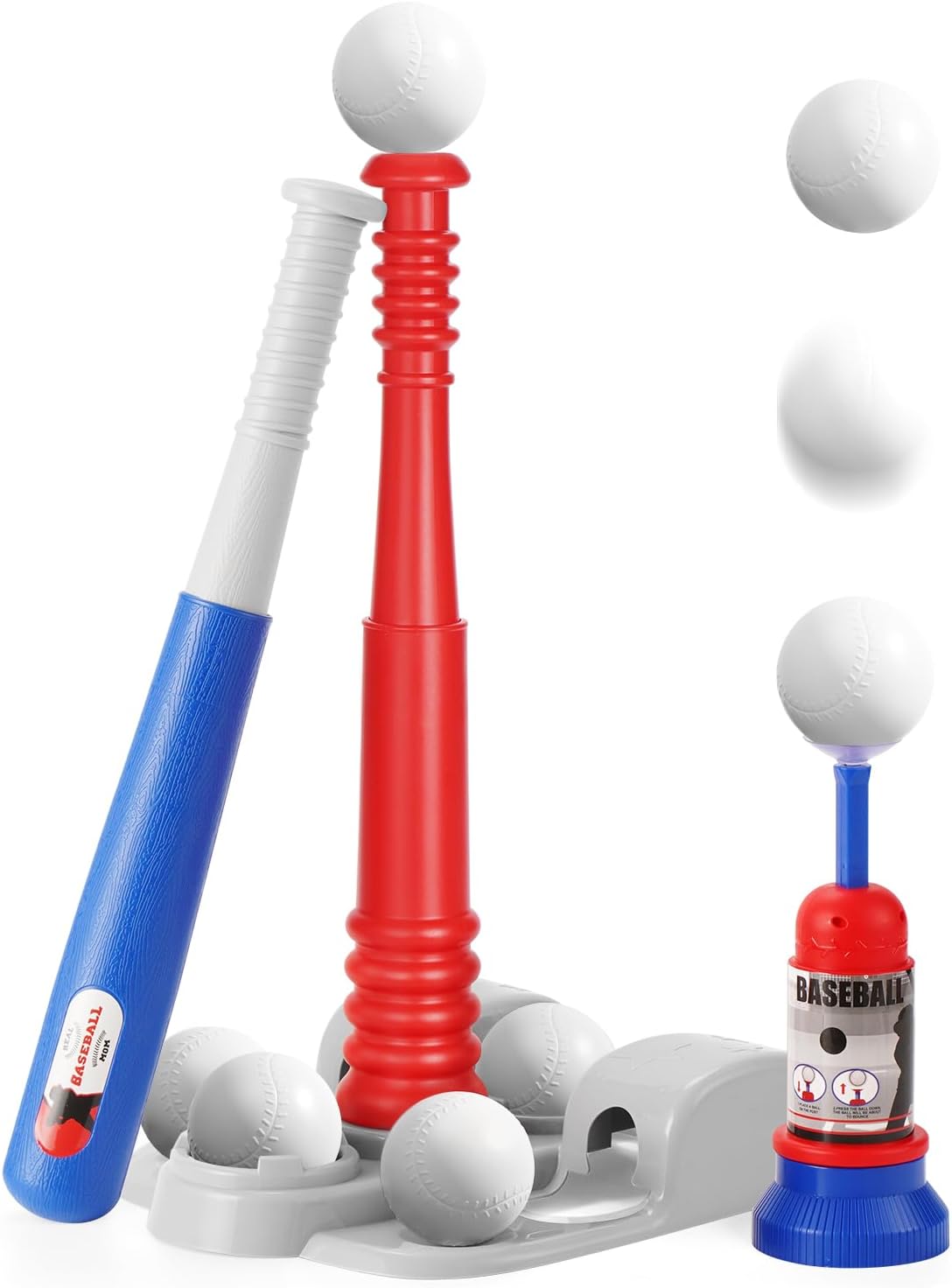 KIZJORYA T Ball Set, Tee Ball Set for Kids 3-5 with 6 Large Baseballs & Automatic Pitching Machine & Adjustable Batting Bat, Outdoor Games Sports Toy Gift for Toddlers Boys Girls Ages 5-8 8-12
