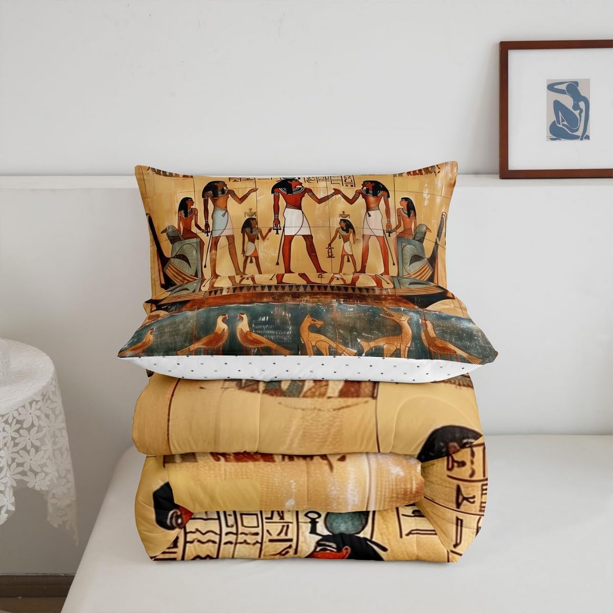 Erosebridal Ancient Egypt Bedding Set Old Egyptian Print Comforter Set for Kids Boys Teens Adults,Queen Vintage Pharaoh Pyramid Down Comforter Exotic Tribal Style Quilt Insert