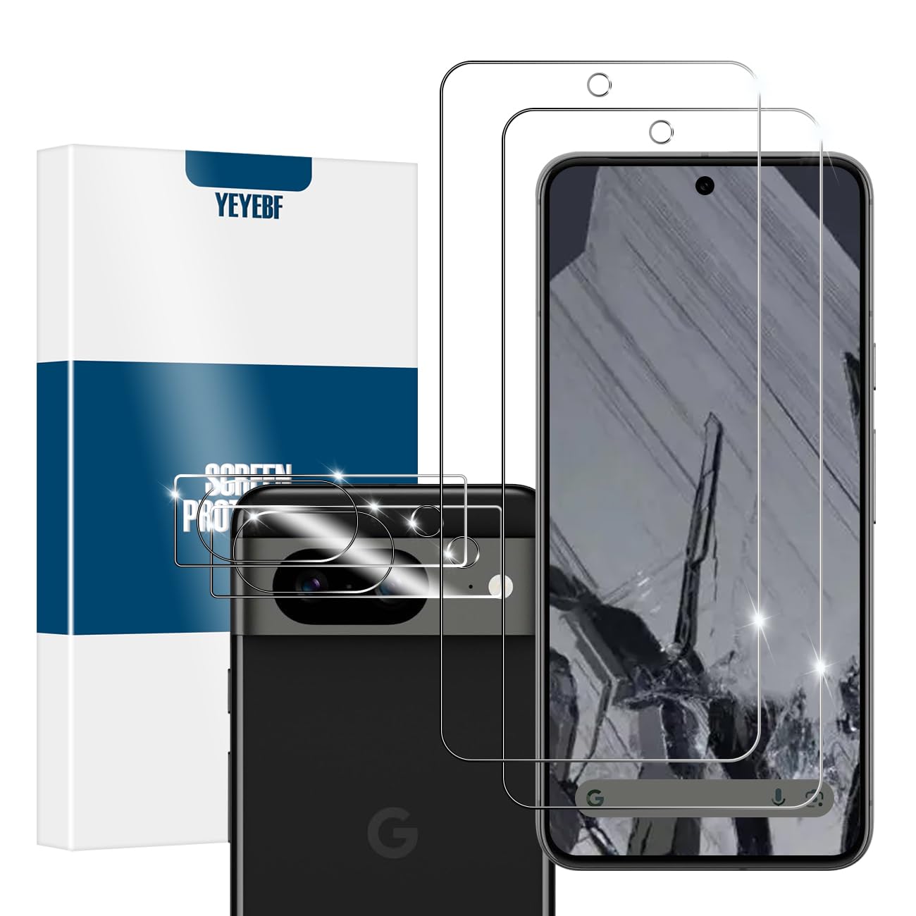 YEYEBF Pixel 8a HD Clear Tempered Glass Screen Protector + Camera Lens Protectors, [2+2 Pack] [3D Glass] [Anti-Glare] [Bubble-Free] Screen Protector