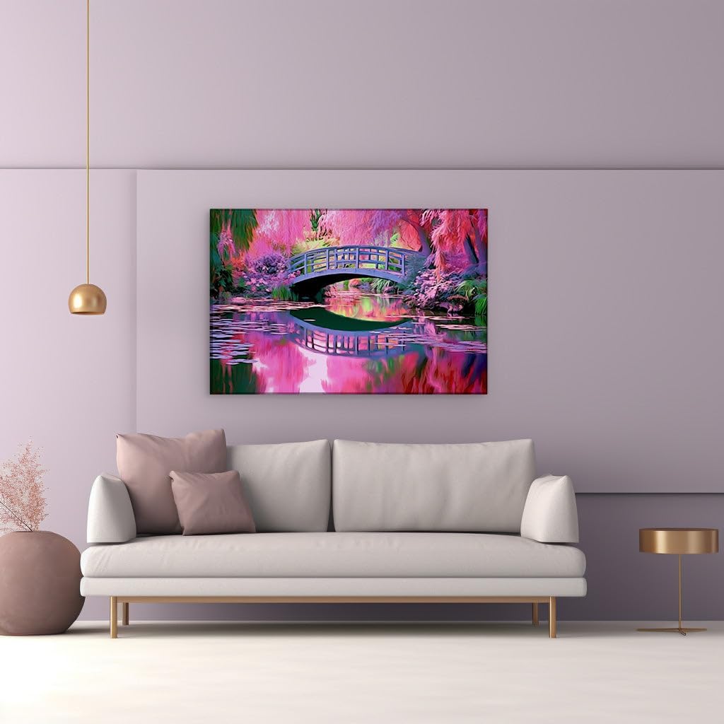 Canvas for Living room. Bridging Tranquility: A Digital Oil Pastel Oasis Bathed in Soft Pink Hues, 27 x 18 inch Canvas Wall Art - Contemporary Masterpieces - Zen Wall Decor