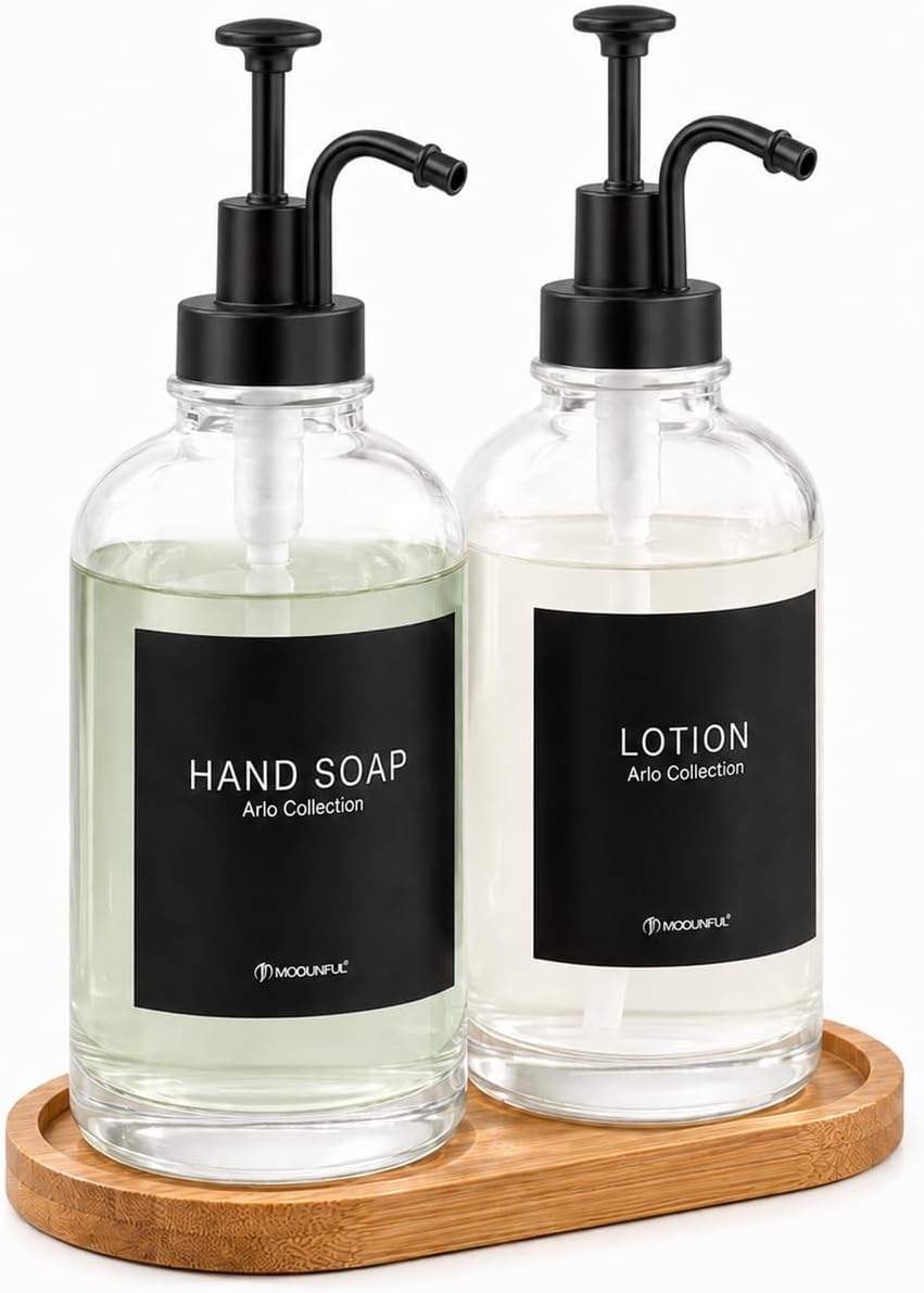 Kitchen Glass Soap Dispenser Set with Tray 2 with Silver Rust Proof Pump