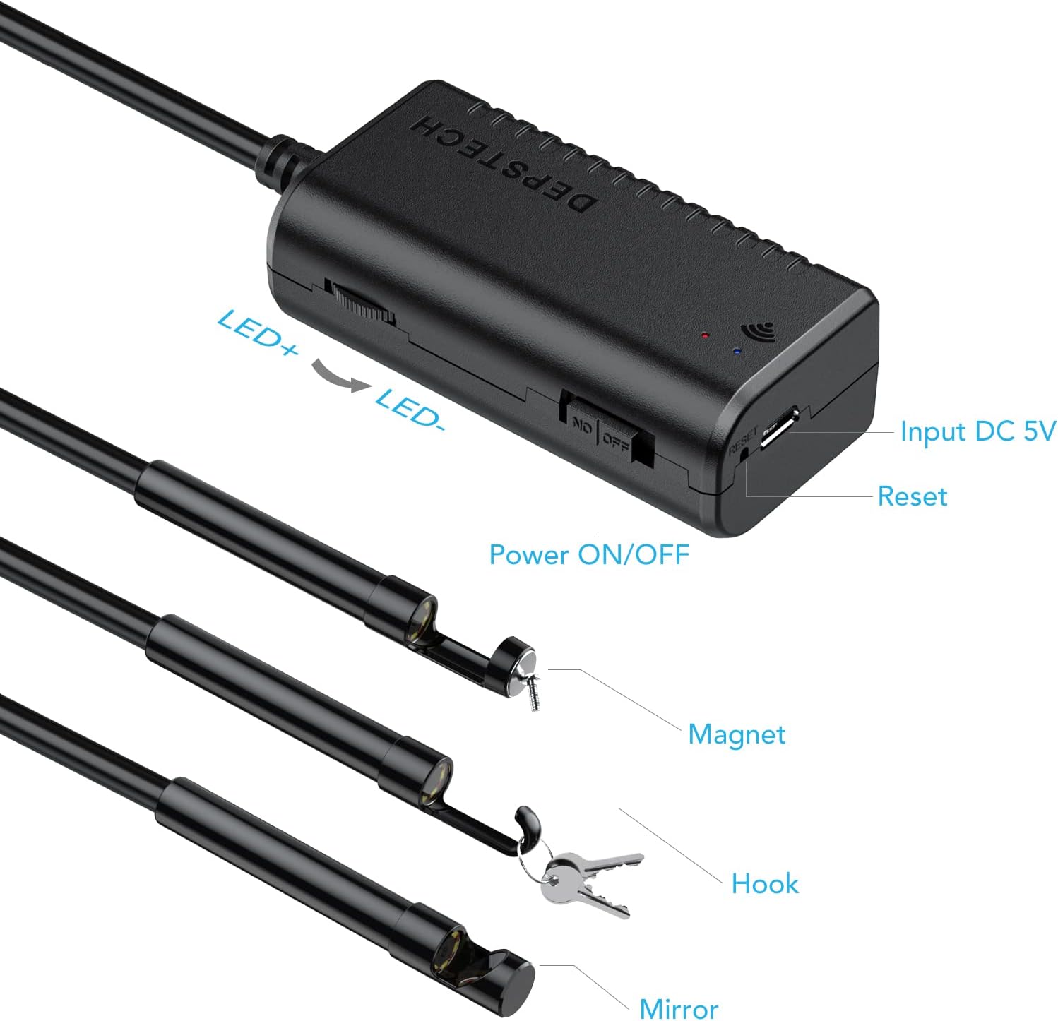 Various application scenarios for the DEPSTECH endoscope, including air conditioning, car maintenance, pipeline inspection, home appliance repair, and wall inspection.