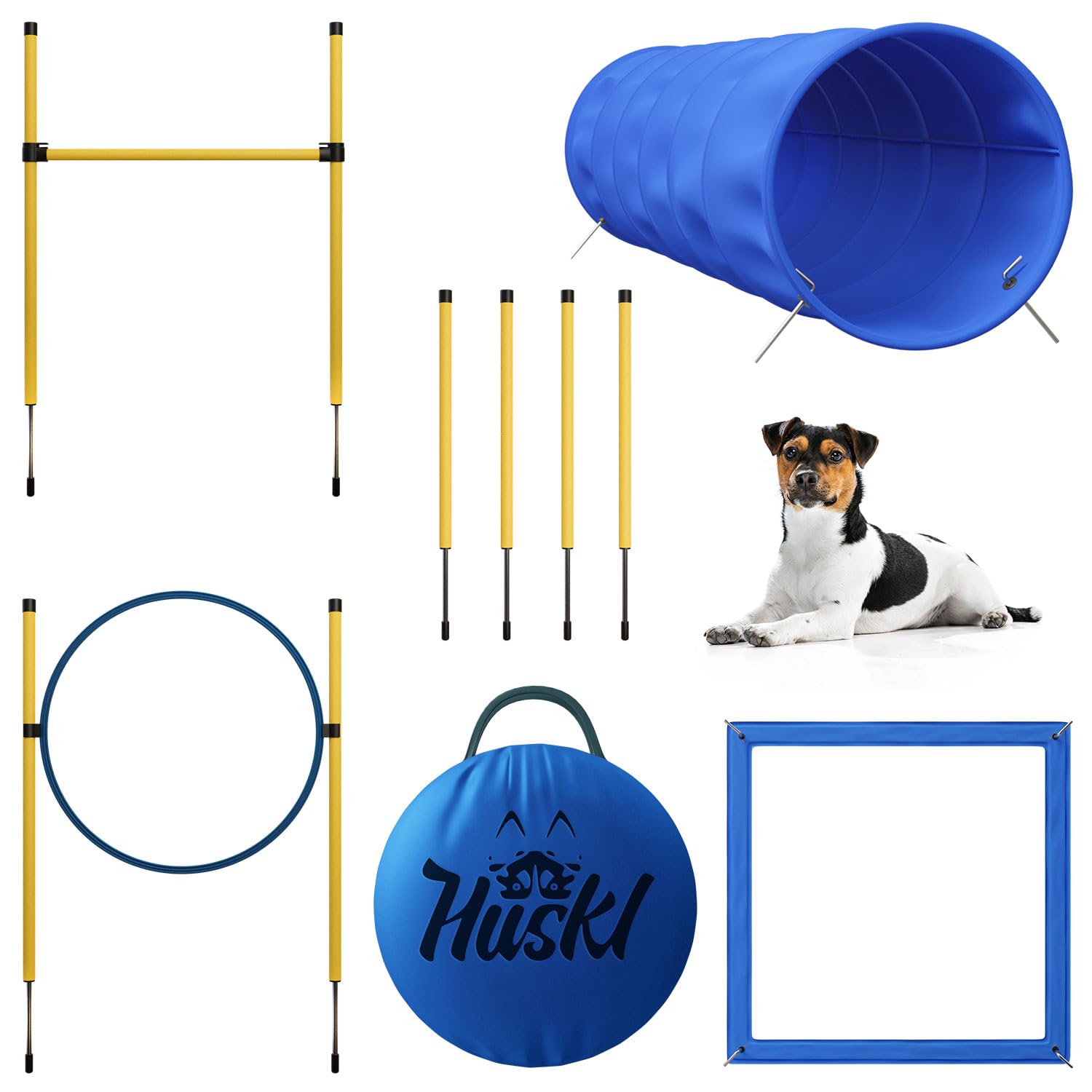 Huskl Agility Set Perros Pequeño y Grande de túnel para perros, barras de agilidad, barra de vallas y anillo de agilidad y caja de descanso para perros Empleo – Accesorios de entrenamiento para perros