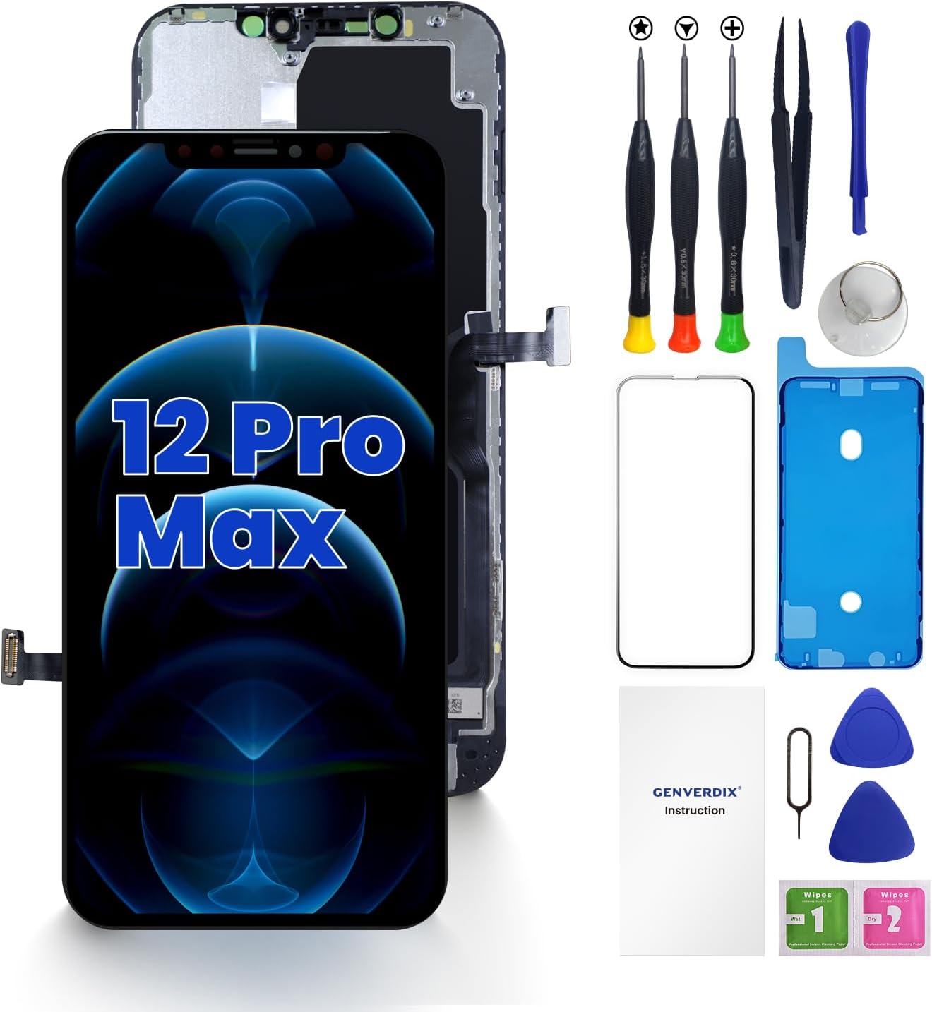 for iPhone 12 Pro Max Screen Replacement, 6.7 inch 3D Touch LCD Display Full HD Repair kit Genverdix, Digitizer Assembly with Tools Set, Tempered Glass Screen Protector, Waterproof Frame Adhesive for 12 PRO MAX