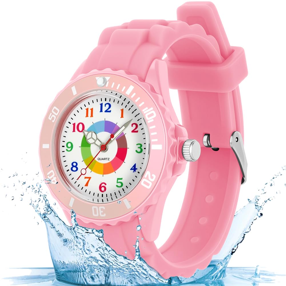 OSDUE Reloj de Aprendizaje para Niños, Impermeable Fácil de Leer Relojes de Pulsera con Correa Suave, Reloj de Pulsera Analógico para Niños Niñas Regalo de Cumpleaños Partir Esfera Colorida