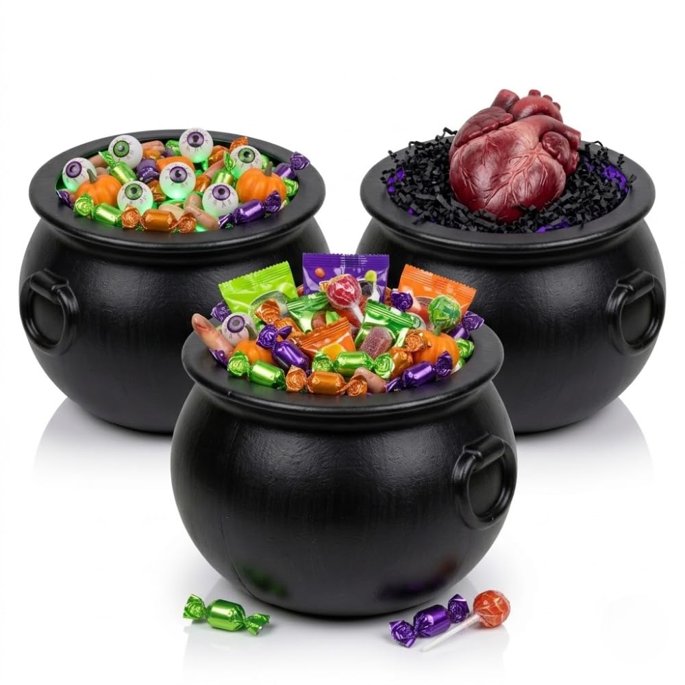 PMU 3 Pcs Halloween Cauldron - 10inch Witch Plastic Cauldron bowl Black, For Halloween Décor