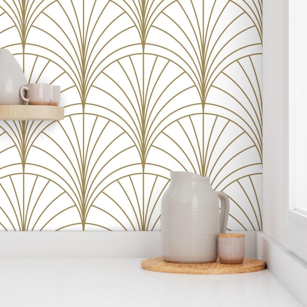 Removable Wallpaper 6ft x 2ft - Floral Gold White Art Deco Nouveau Minimal Vintage Geometric Custom Pre-Pasted Wallpaper by Spoonflower