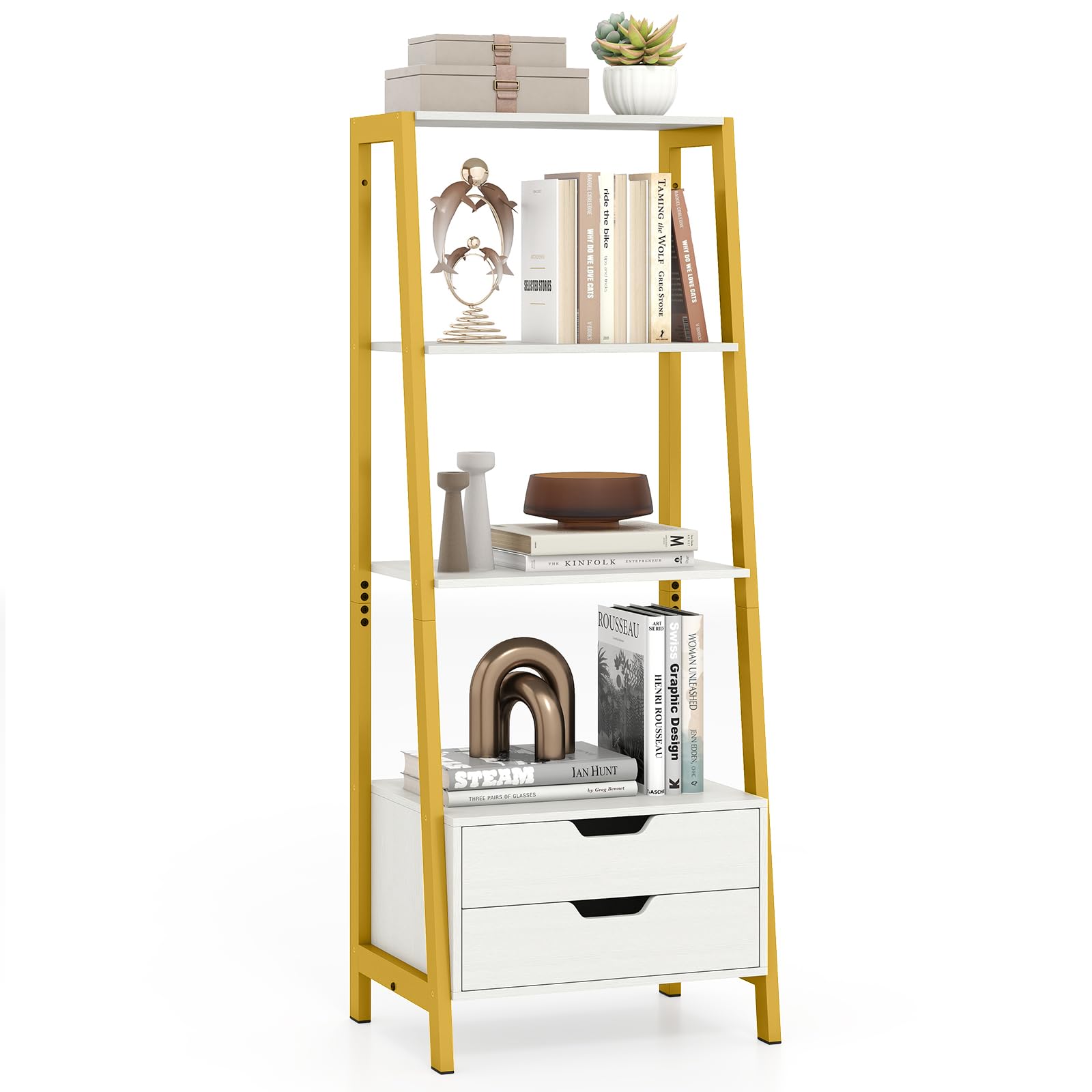 Giantex 4-Tier Bookshelf with 2 Drawers, Modern Ladder Bookshelf w/Storage, Sturdy Metal Frame, Anti-toppling Devices, Display Standing Shelf Unit,