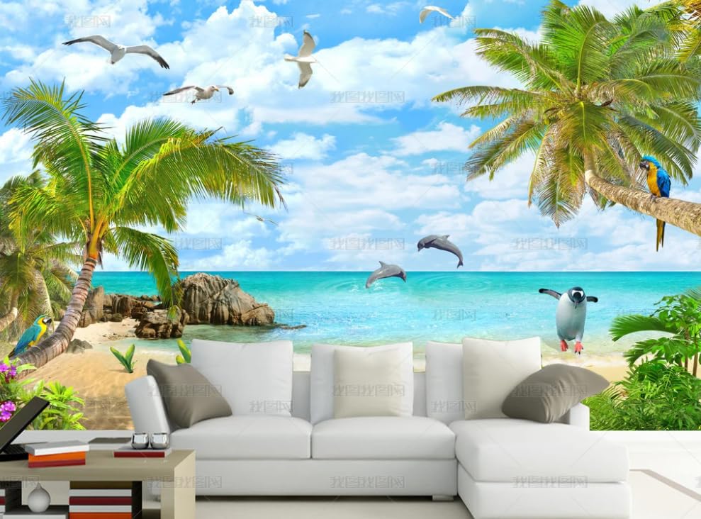 Papier peint intissé palmiers pour agrandir un grand mur blanc salon de 450cm