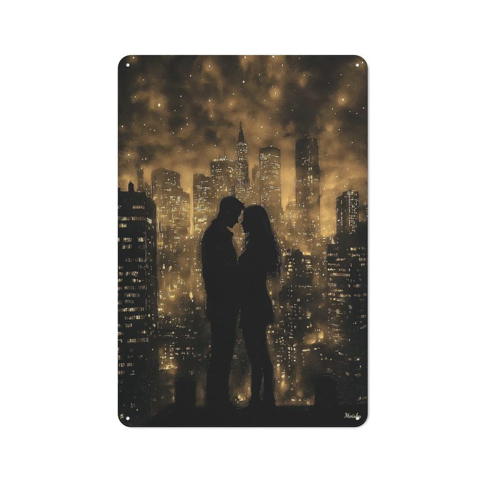 Junmoney Silhouettes In The City, Couple In Golden Mon Tin Sign 30X20cm With Ochrome For Pub Or Café, Rustic Decor, Wall Decoration For A Recently Updated Pub And Café