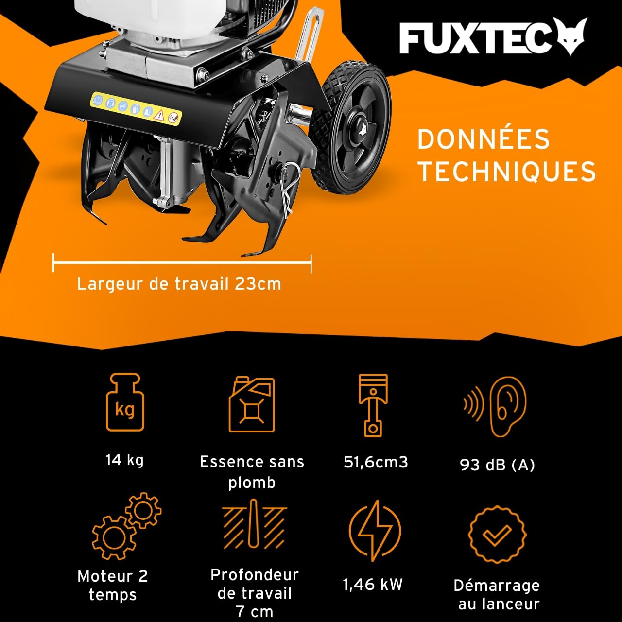 FUXTEC Motobineuse thermique FX-AF152 – Moteur 2 temps 51,6 cm³ – 23 cm de largeur – Profondeur de 70 mm – Fraises étoilées – Léger & maniable – Poignée ergonomique