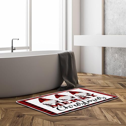Miniatura 2 de Sunhe Tapete de baño de gnomo de Navidad, diseño de búfalo rojo y negro, a cuadros, lindo gnomo de Navidad, elfos folclóricos, feliz Navidad,