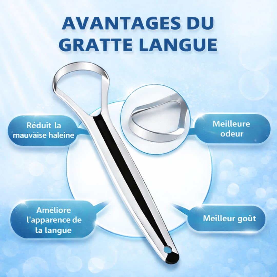 Gratte Langue Inox, Tongue Scraper Acier Inoxydable, Grattoir Langue Ultra Résistant, Racle Langue Ergonomique, Racloir Langue Hygiénique, Rape Langue Antibactérien, Brosse Langue pour Haleine Fraîche - 4