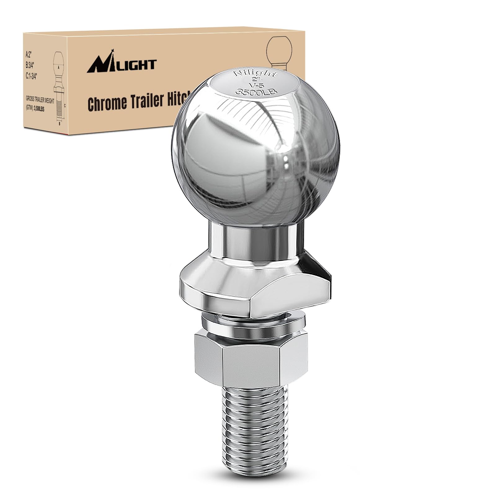Nilight 2" Chrome Trailer Hitch Ball | 3,500 lbs, 3/4" x 1-3/4" Shank Universal fit Trailer Hitch Ball Custom Engineered for Heavy Duty Towing