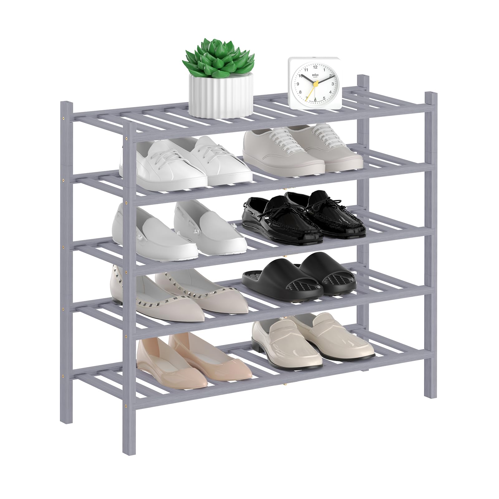 5-Tier Natural Bamboo Shoe Rack - Stackable Storage Shelf with Multi-Function Combinations - Free Standing Shoe Racks for Convenient Shoe Organization（Gray） 11" D x 27" W x 35" H