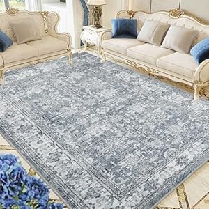 ComftRug Area Rugs Machine Washable Rug for Living Room Bedroom, Vintage Distressed Print Grey Floral Medallion Accent Throw Rug, Low Pile Ultra-Thin Lightweight Non Slip Backing