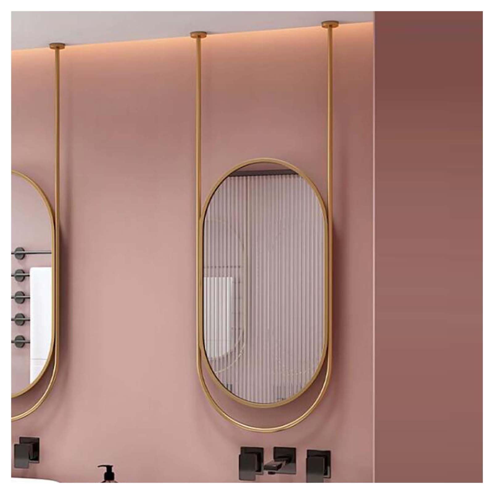 GLJTUO Bathroom Mirror, Metal Frame Hanging Rod Mirror Oval Large Wall Mirror,Gold-50x80cm