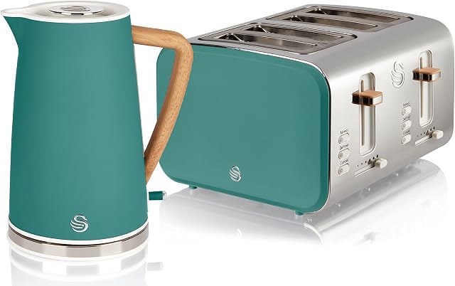 Swan Nordic Green Kitchen Set with 1.7 Litre Kettle and 4 Slice Toaster, Wood Effect and Soft Tough Matte Finish, Stainless Steel, STP2091GREN
