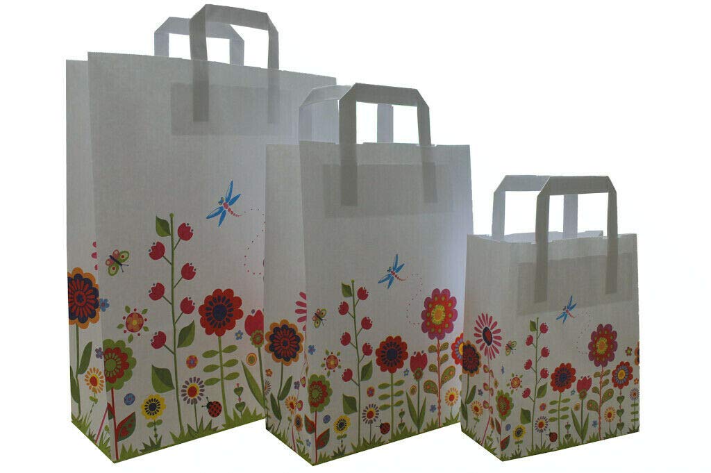 PGV Papierowe torby do noszenia z motywem kwiatowym – białe z płaskimi uchwytami – różne rozmiary i ilości (32 + 12 x 40 cm, 100 sztuk)