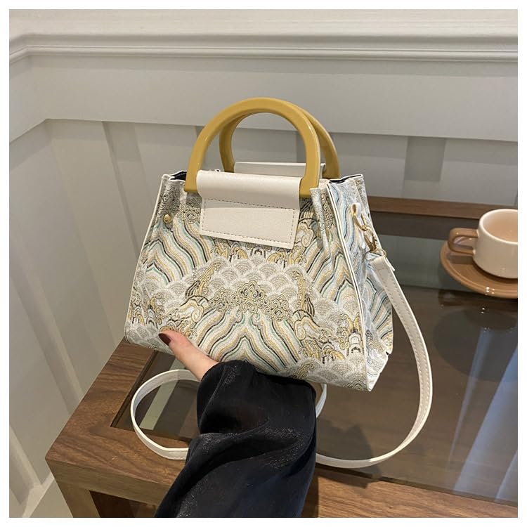 Vintage Floral Embroidered Mini Handbag, Top Handle Crossbody Purse, Retro Wave Pattern,Embroidery bag2