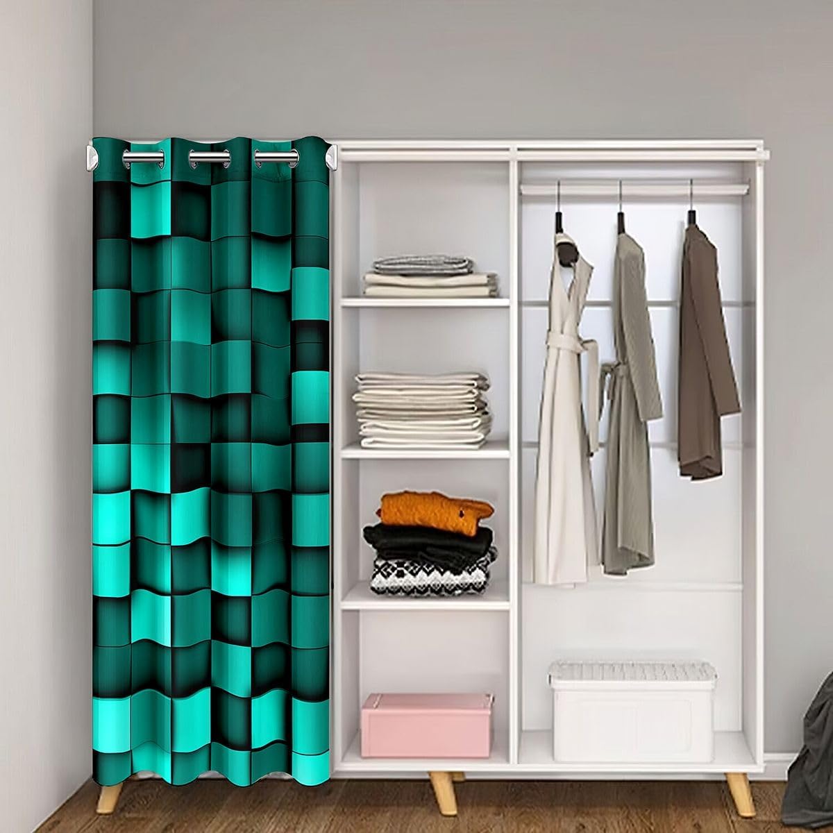Manfei Pixelated Miners Blocks Kids Door Curtain,Patchwork Square Video Games Blackout Curtain,Geometric Patchwork Grid Bedroom Doorway Living Room Decor,Teal Privacy Door Drape 1 Panel,42" W X 80" L image 2