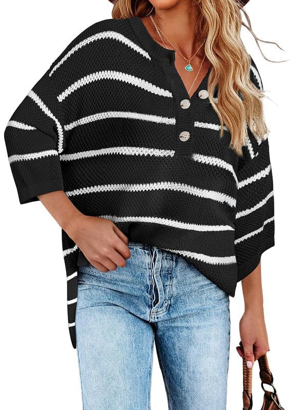 SHEWIN Womens Button Down V Neck 3/4 Sleeve Sweaters Tops Casual Striped Pullover Shirt Lightweight Knit Sweater2