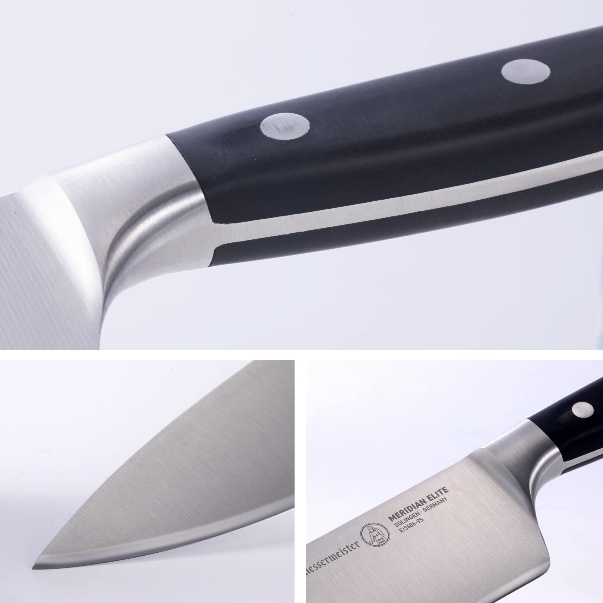 Messermeister Meridian Elite - Coltello da chef Stealth da 22,9 cm, lama in lega di acciaio tedesco, resistente alla ruggine e facile da mantenere