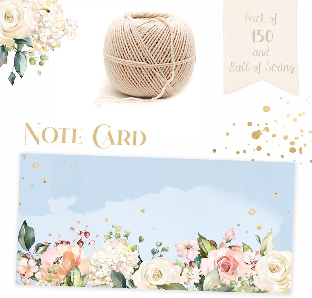 150 Note Card Gift Tags. Rose Garden. Write Your Own Message. Slim Tags with Jute String for attaching to Gift Box, Cake Box.