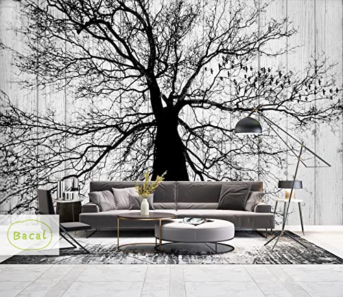 Papel tapiz 3D de árbol blanco y negro para dormitorio, diseño moderno, sala de estar, papel tapiz, mural, bosque rústico, bosques, fondos de pantalla, 150 cm (L) × 105 cm (H)