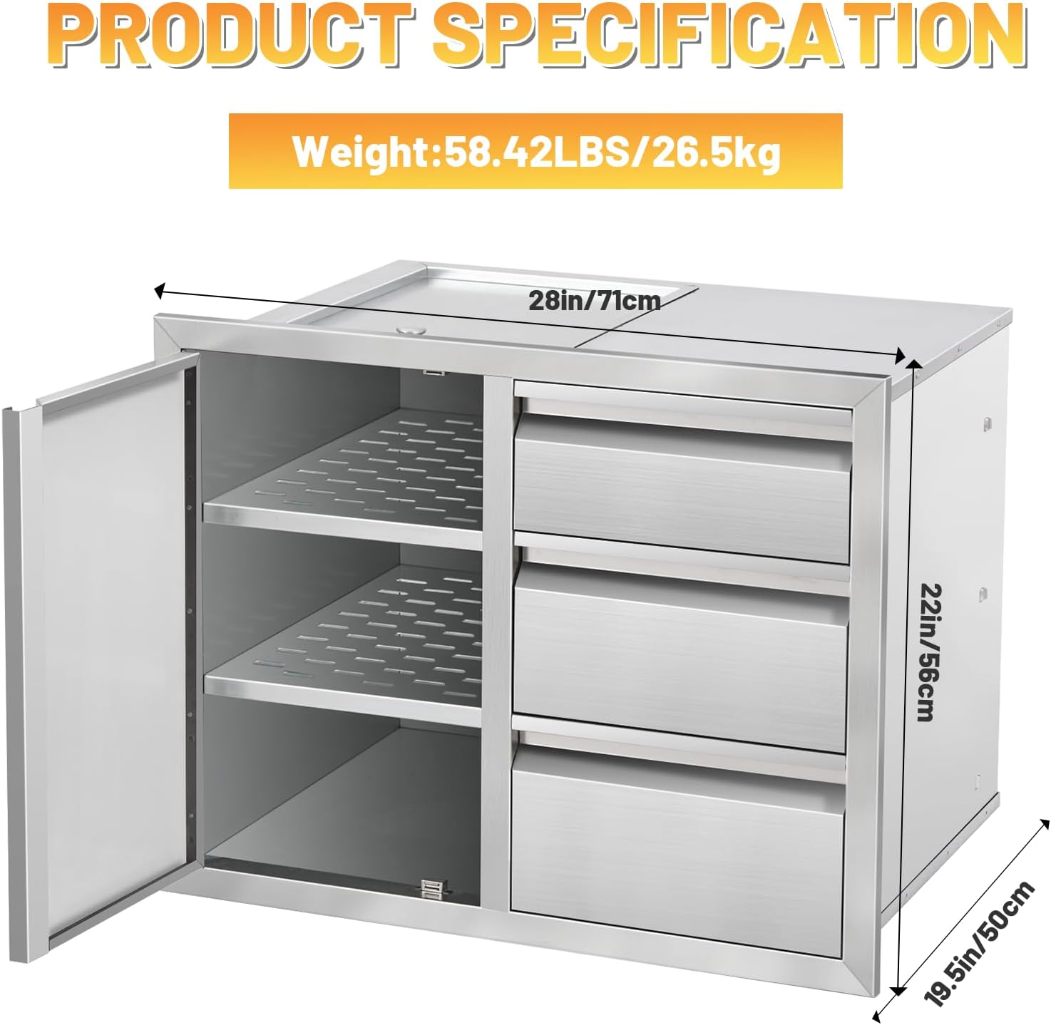 Outdoor Kitchen Drawer Combo Cabinet Stainless Steel Triple Drawers & Access Door, 28" W x 22" H x 19.5" D, Multi-Layer Design with Partition, Perfect for BBQ Grill Station
