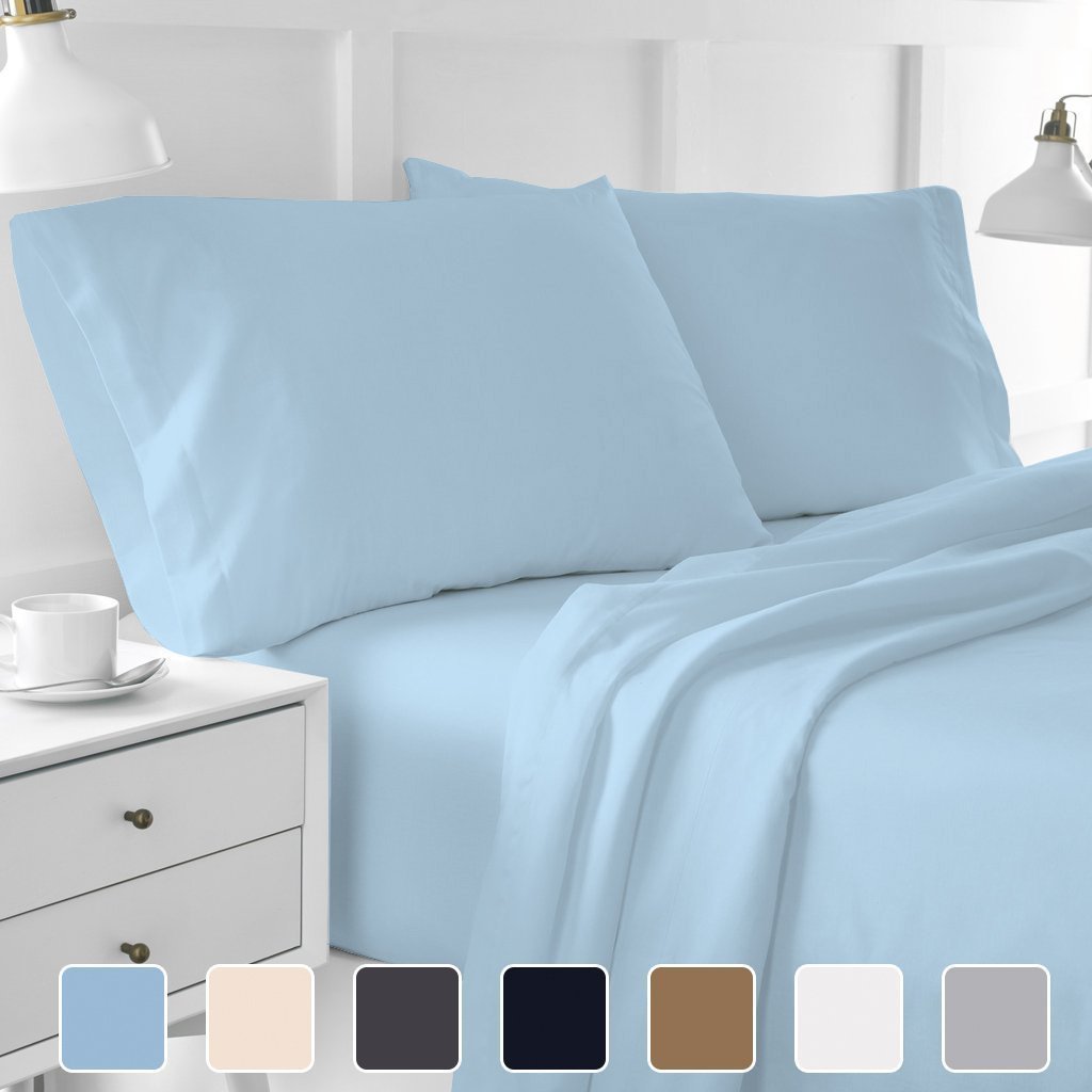 4PCs Hotel Luxury Bed Sheets - Ultra-Soft Premium 1800 Series Brushed Microfiber Sheet Set - Hypoallergenic - Wrinkle - Fade and Stain Resistant - Deep Pocket fits upto 16" (Queen, Light Blue)