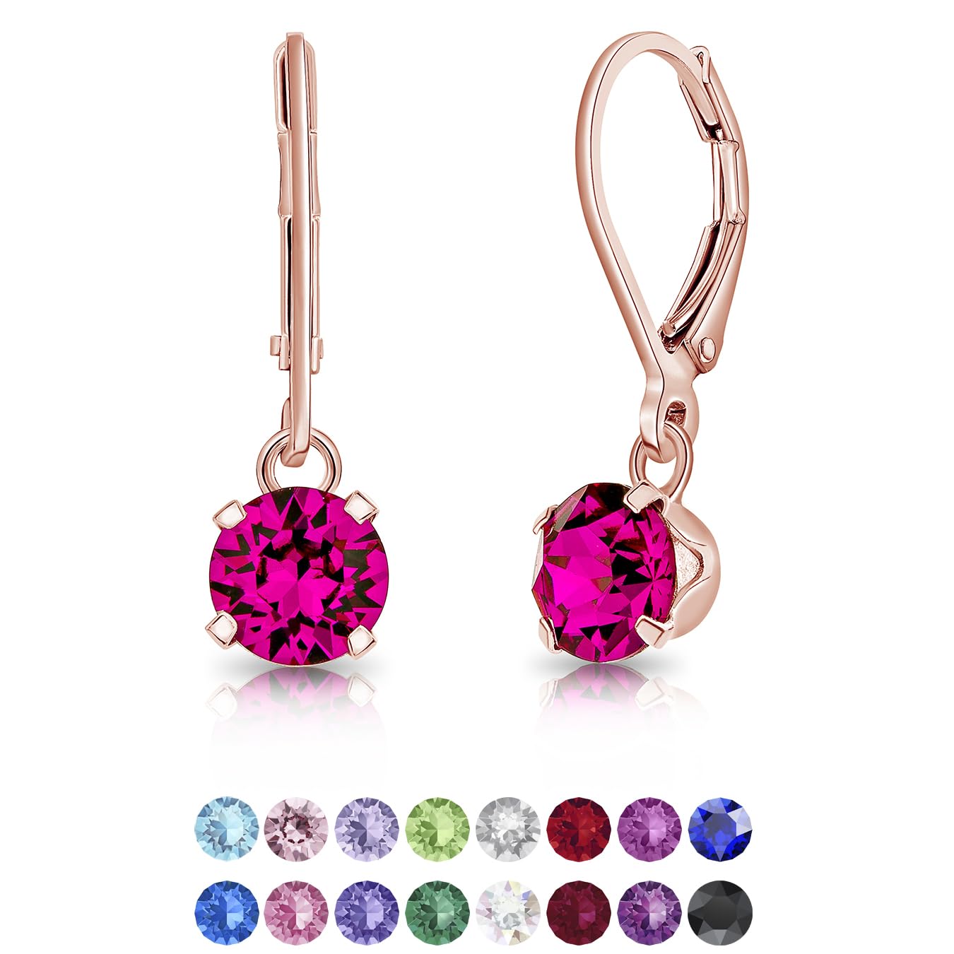 DTPsilverPendientes Colgantes Pequeños Plata de Ley 925 Chapados en Oro Rosa con Cristal Swarovski® 6 mm - Pendientes Mujer Oro Rosa - Elección de Colores