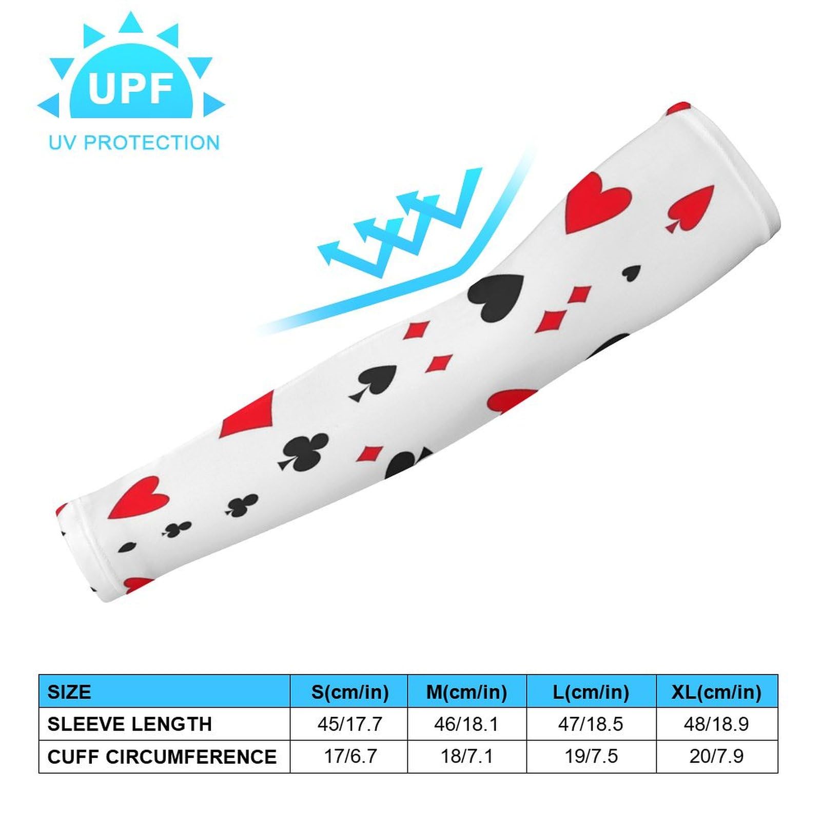 Poker Hearts Patterns Ice Silk Arm Sleeves Cooling Sun Protection Arm Sleeve for Men Women M