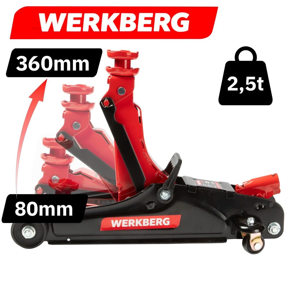 Cric idraulico per auto a basso profilo 2,5T 80-360 mm, rana da officina con valvola di sicurezza e blocco, rosso