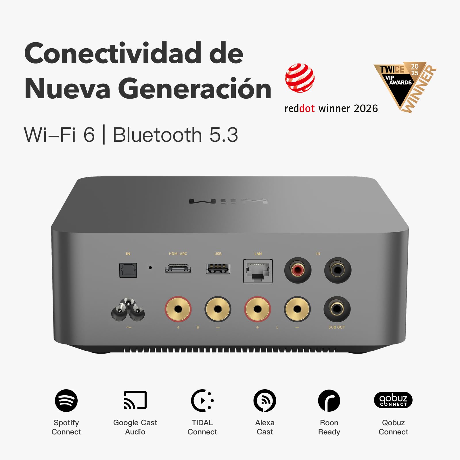 WiiM Amp Ultra con Voice Remote 2 | Amplificador Streaming 100W con DAC ESS ES9039Q2M y Doble Amplificador TI TPA3255 | RoomFit EQ Integrado y Pantalla Táctil | Entradas HDMI ARC, Óptica y RCA | Gris