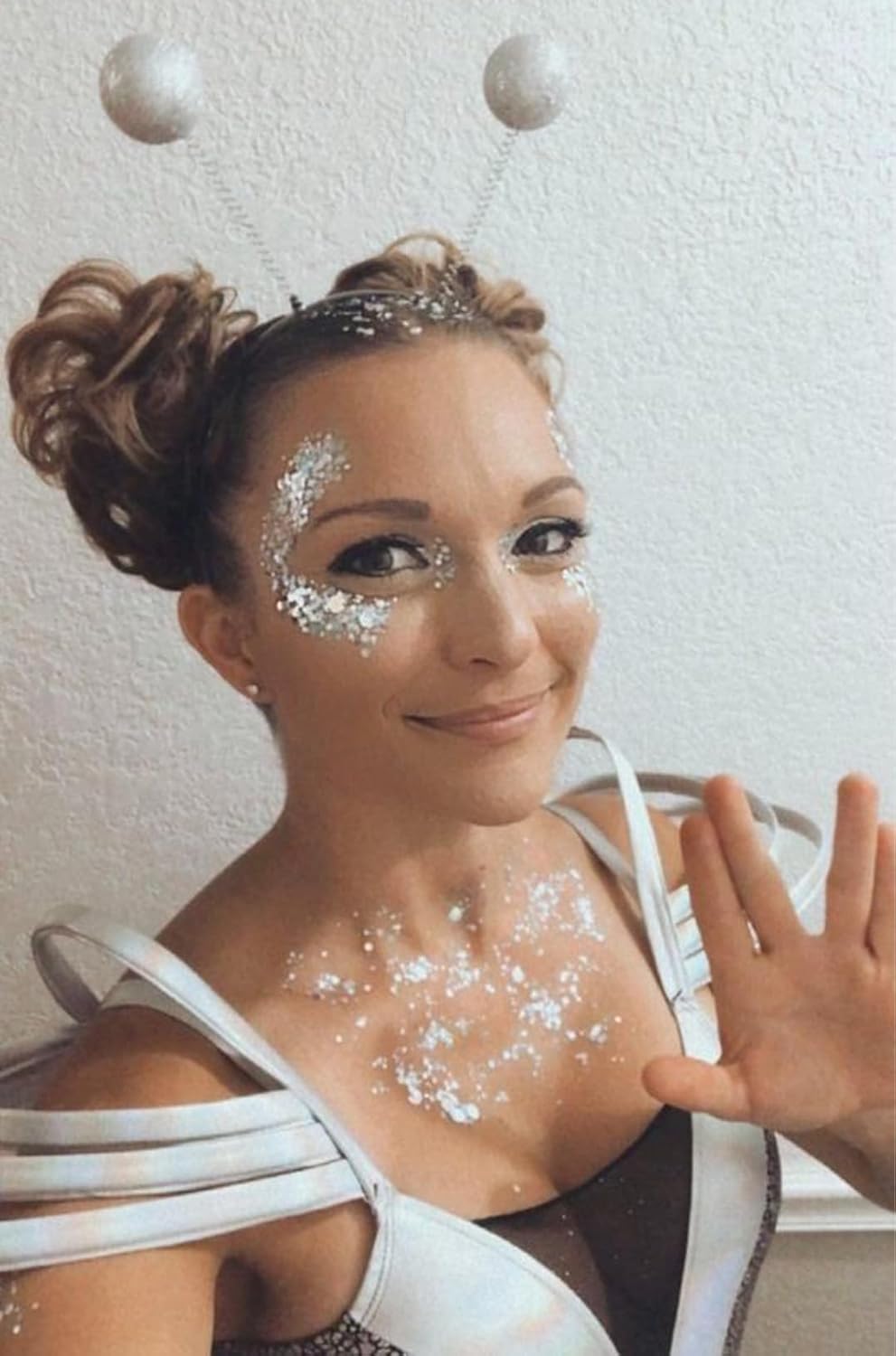 WOVOWOVO Alien Headband Adult Women Alien Costume Accessories for Theme Party Halloween Cosplay Alien Martian Antenna Headband with Holographic Chunky Glitter, Silver Alien Ears - Image 4