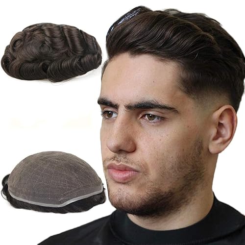 Miniatura 7 de LLWear Toupee de cabello humano para hombres 8 x 10 pulgadas gorra de encaje francés suave con 2 pulgadas de poliuretano transparente en la parte
