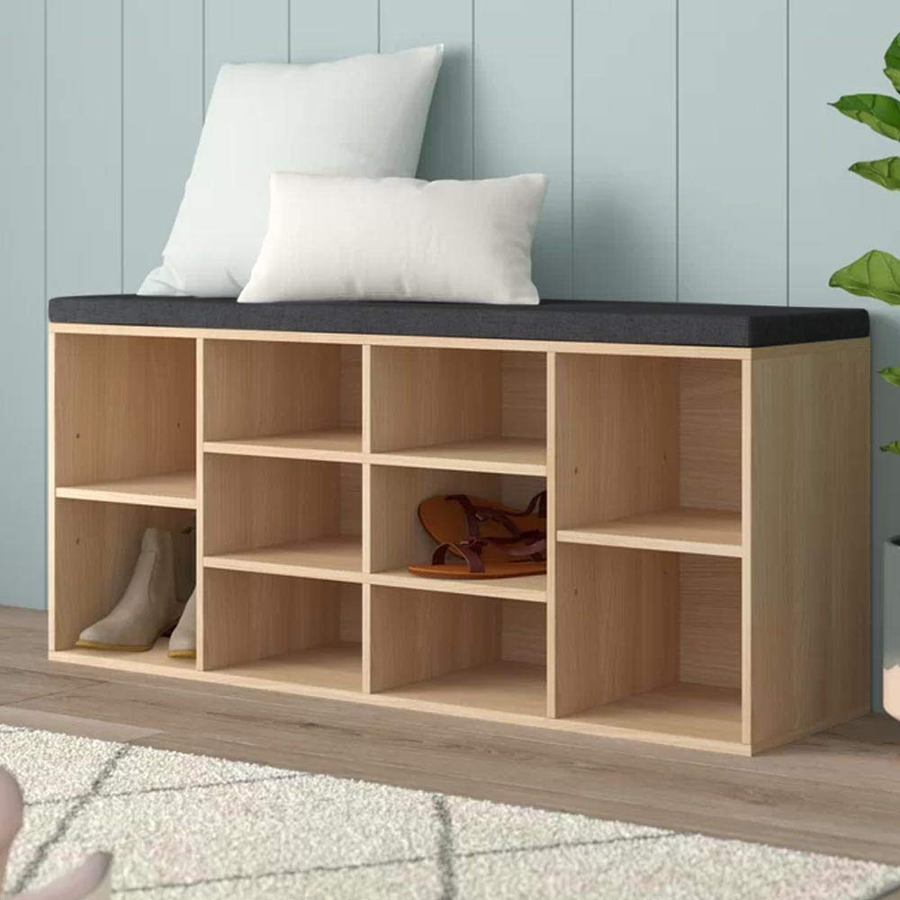 BAKAJI Panca Scaffale Scarpiera Portascarpe Casa Multiuso 10 Ripiani in Legno Melaminico Libreria Panchina con Cuscino in Eco Pelle Dimensione 104 x 29,5 x 49 cm (Beige)