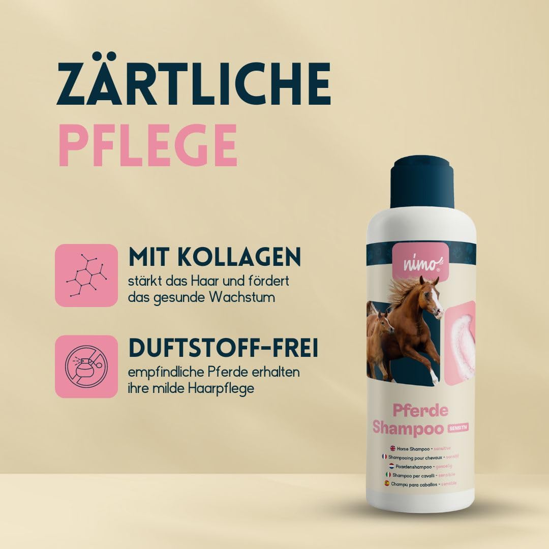 nimo® Pferde Shampoo sensitiv | ohne Duftstoffe & pH-Neutral mit Kollagen | für alle Pferderassen und Sensible, allergische Pferde | für bessere Kämmbarkeit & glänzendes Fell, 100% tierleidfrei